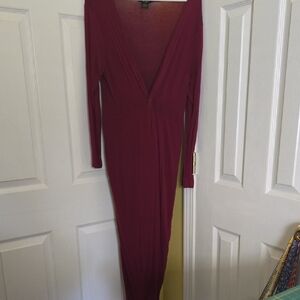 See You Monday Burgundy Long Sleeve Deep V Maxi Dress